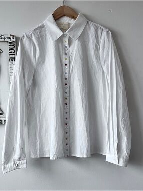 Easy Clothes White Cotton Embroidered Hearts Button Down Women’s Shirt Size L